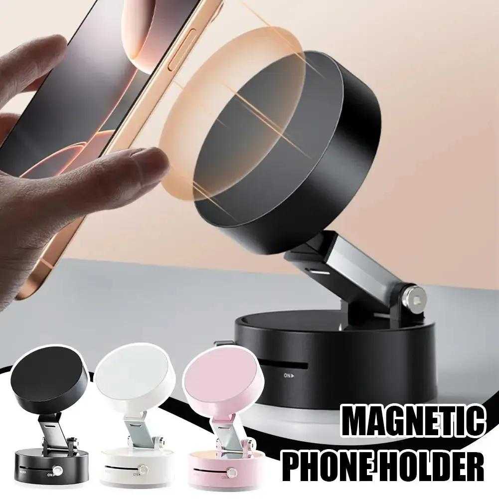 Magnetic phone holder with a hand holding a phone, showing its use on a surface.