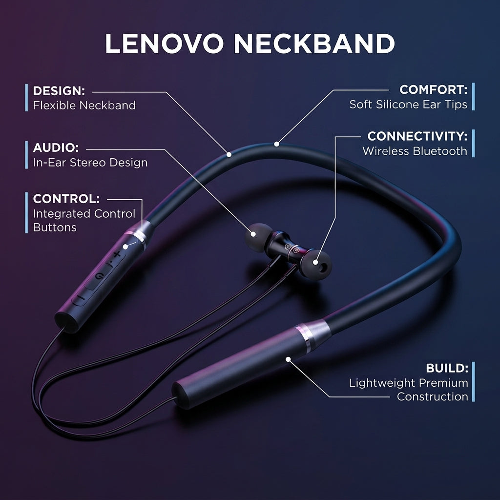 Lenovo HE05X Wireless Bluetooth Neckband Earphones – Magnetic Sports Earbuds with HD Sound & Built-in Mic