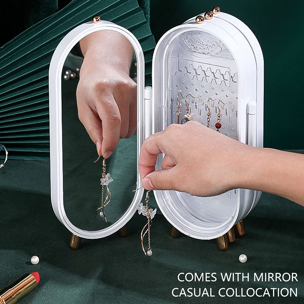 Jewellery Box Organiser with Mirror - Foldable Exquisite Dustproof Jewelry Storage Case Multi-Function Screen Shaped Metal Display Jewelry Stand for Earring - Necklace & Bracelet (Random Color)