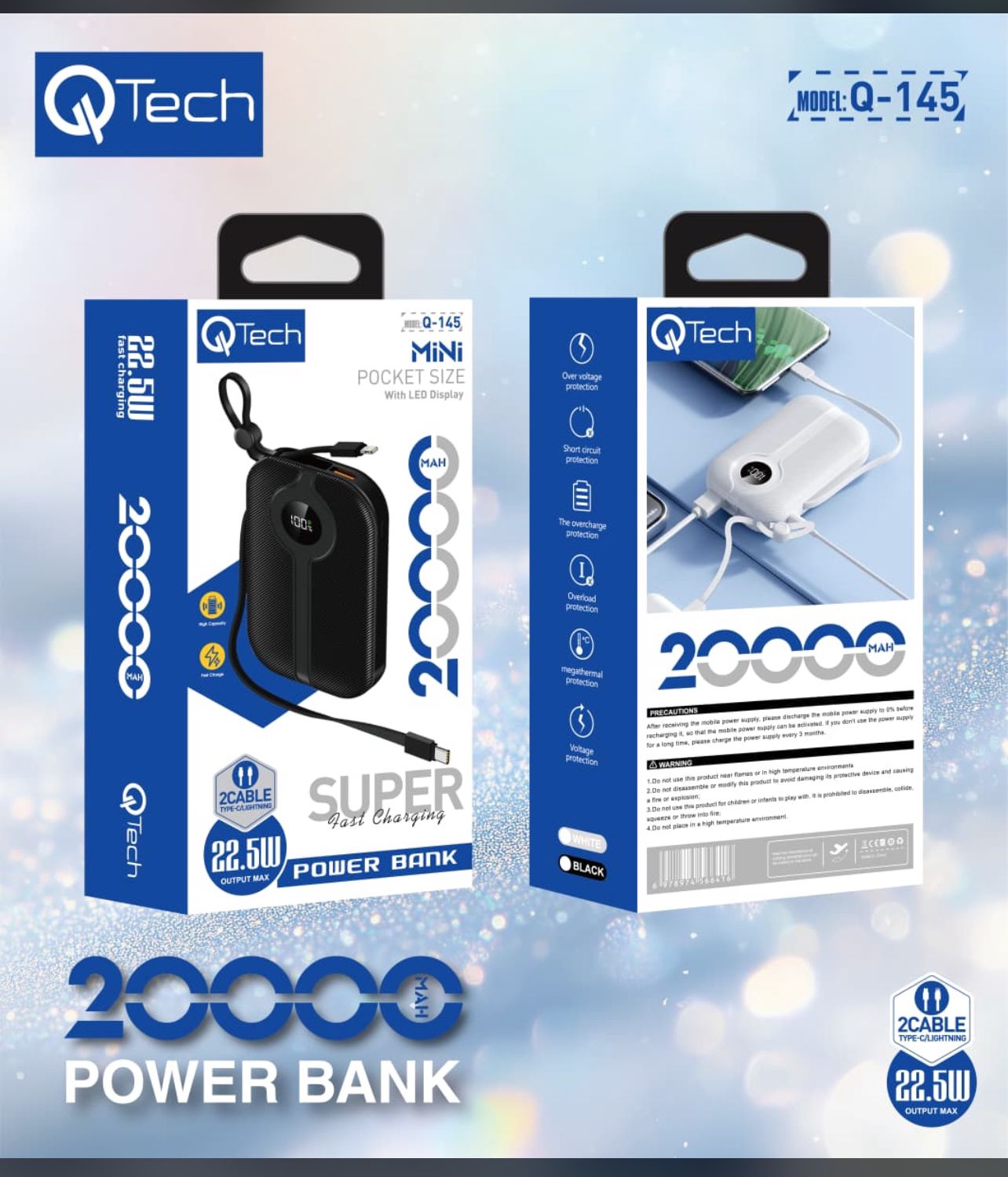 Qtech 20000mAh Power Bank 22.5W PD Fast Charging | Pocket Size Portable Charger with LED Display (Random Color)