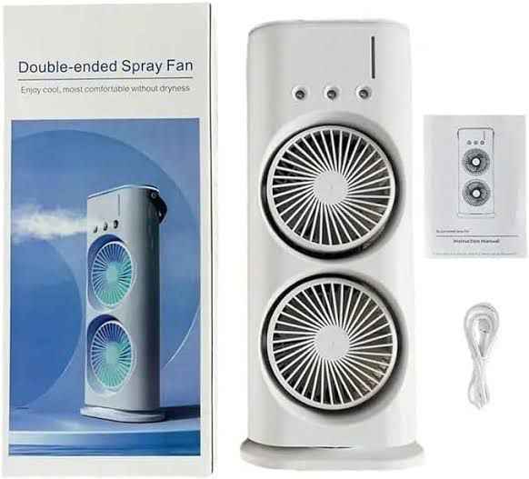 Double-Ended Spray Water Mist Fan – Dual Fan Cooling with 90° Rotation, RGB Lights, and Strong Brushless Motor – USB Powered Desktop Air Cooler