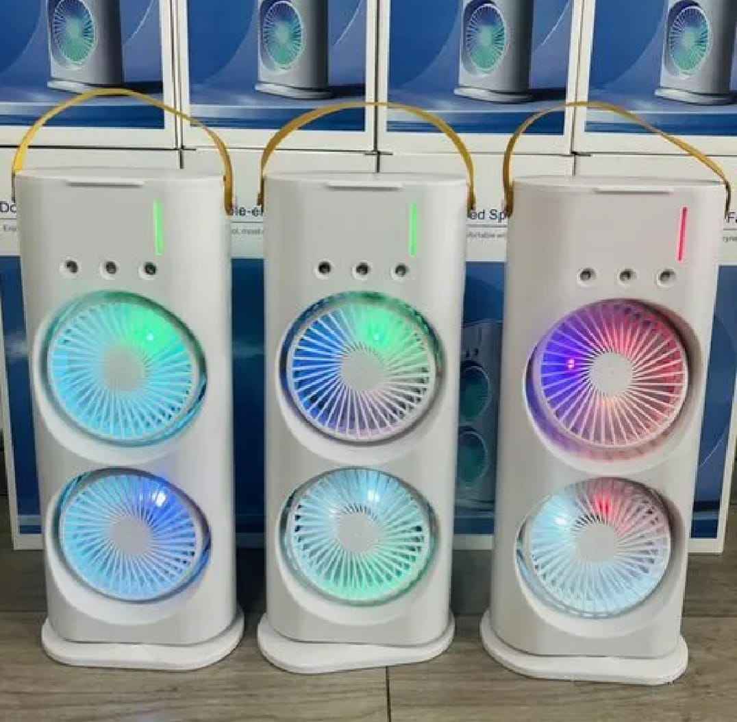 Double-Ended Spray Water Mist Fan – Dual Fan Cooling with 90° Rotation, RGB Lights, and Strong Brushless Motor – USB Powered Desktop Air Cooler