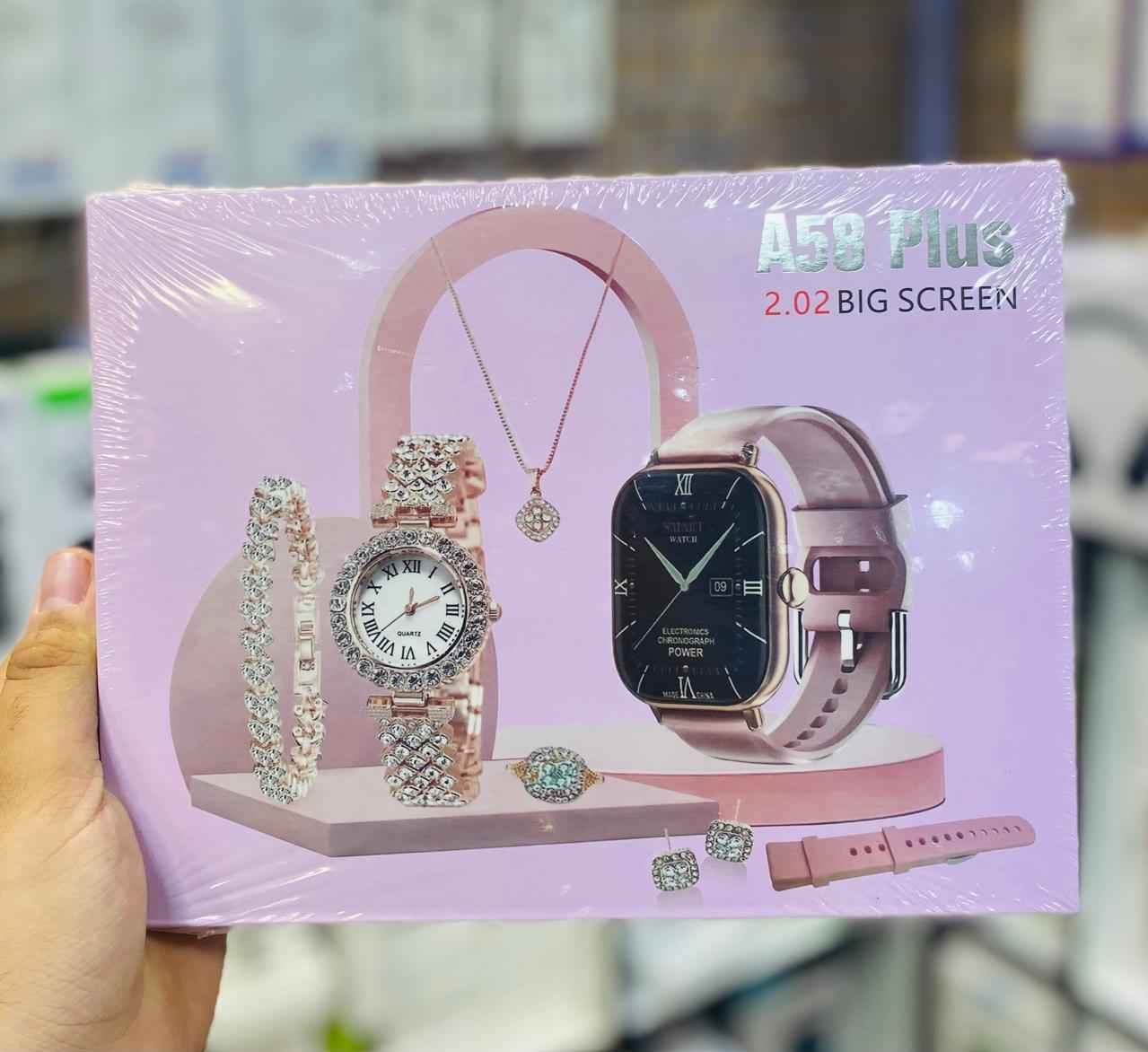 A58 Plus Ladies' Smartwatch Gift Set – 2.02" Big Screen Smartwatch with Jewelry, Crystal Watch & Accessories Combo