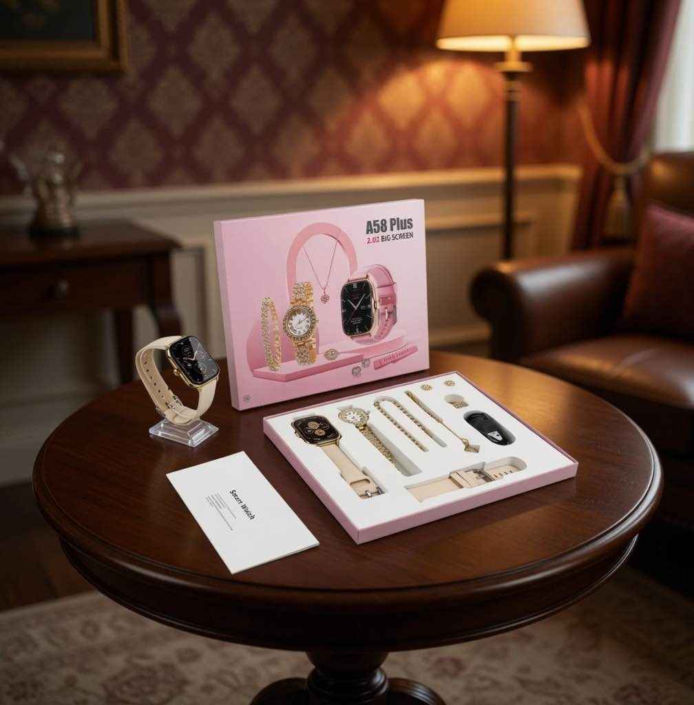 A58 Plus Ladies' Smartwatch Gift Set – 2.02" Big Screen Smartwatch with Jewelry, Crystal Watch & Accessories Combo
