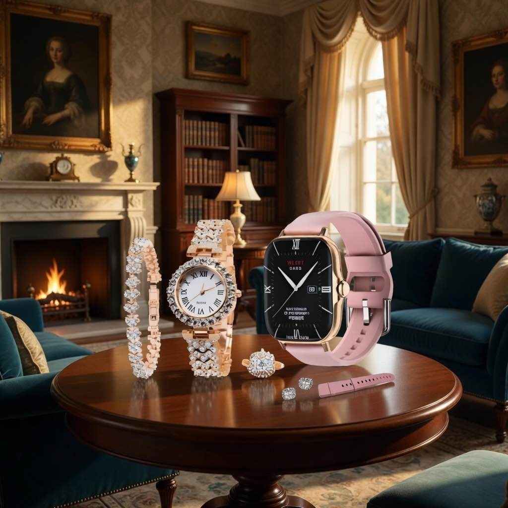 A58 Plus Ladies' Smartwatch Gift Set – 2.02" Big Screen Smartwatch with Jewelry, Crystal Watch & Accessories Combo