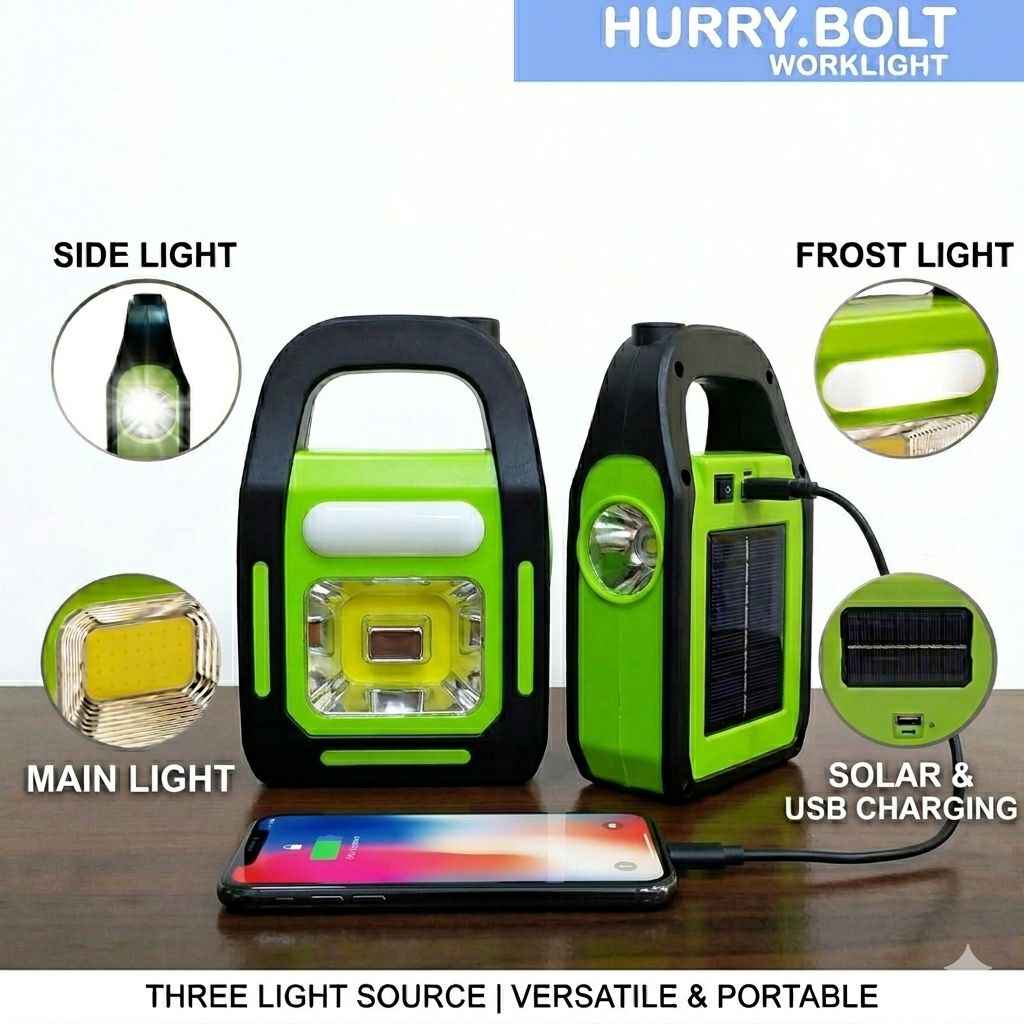 Solar Rechargeable 3-in-1 Emergency Light - Hurry Bolt Portable LED Work Light, Torch & Power Bank