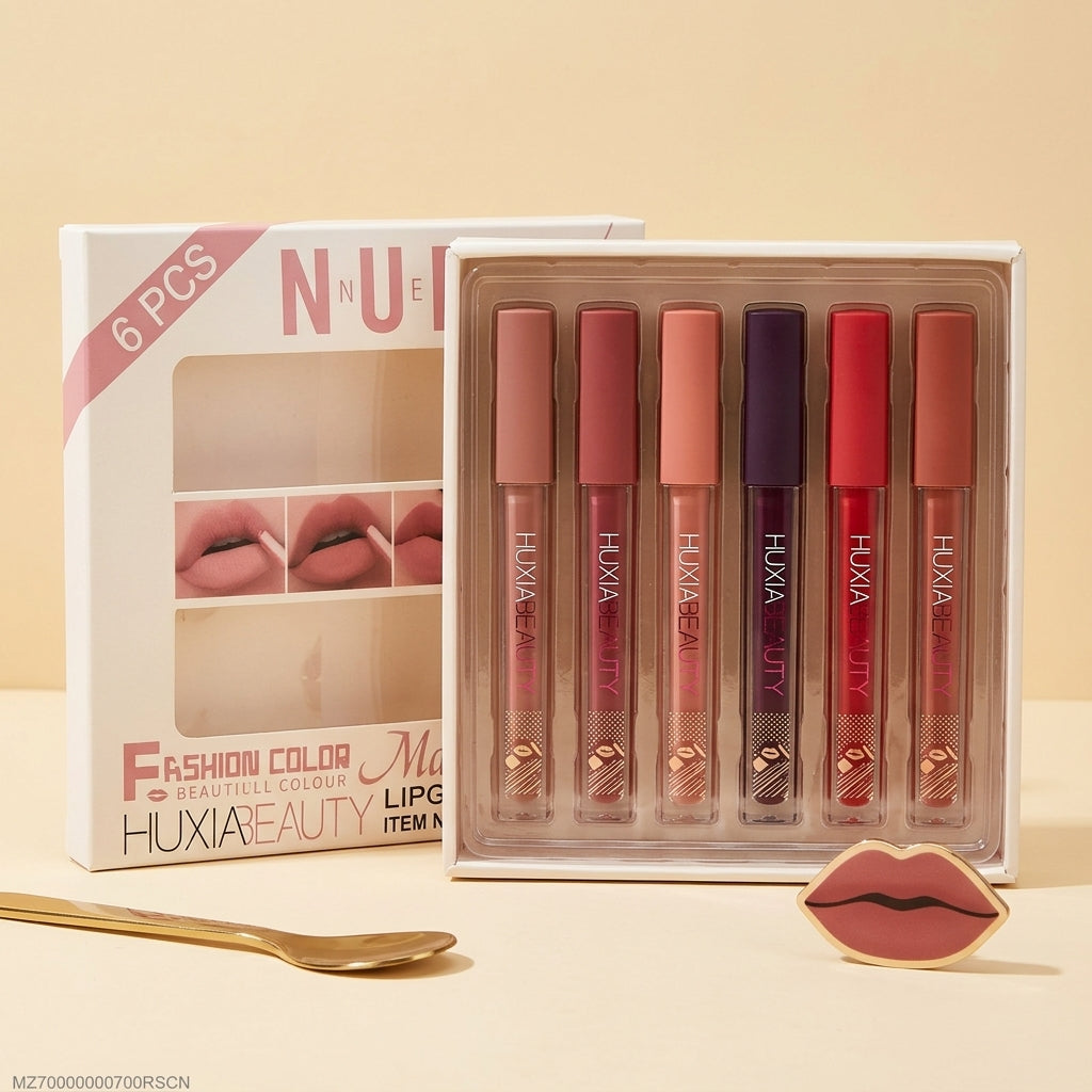 6 Pcs Nude & Red Matte Lip Gloss Set | High Pigmented Long Lasting Liquid Lipstick Collection